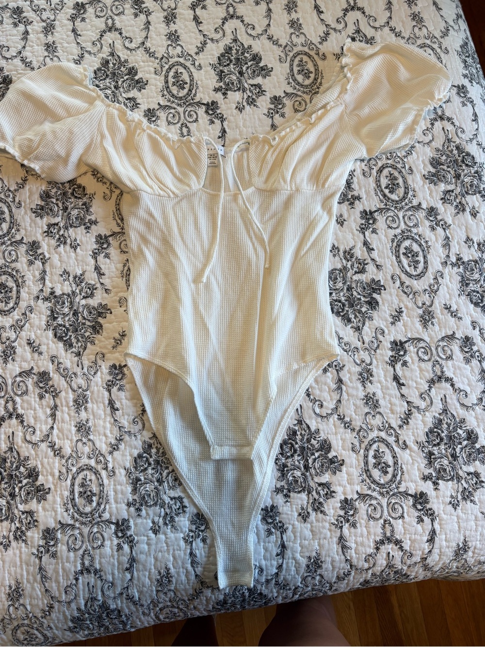 Topshop Cream Ribbed Puff-Sleeve One-Piece Bodysuit